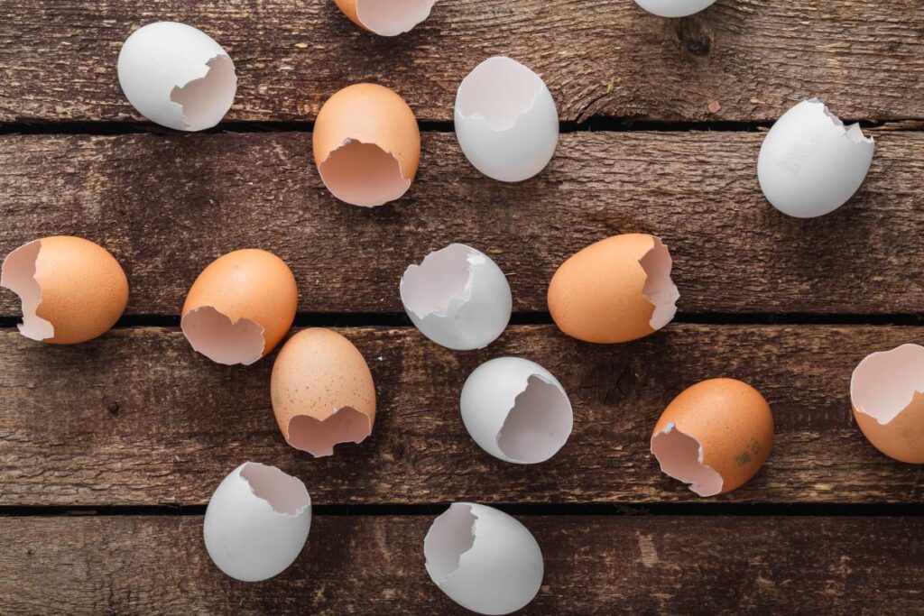 Empty egg shells on wooden background, top view.